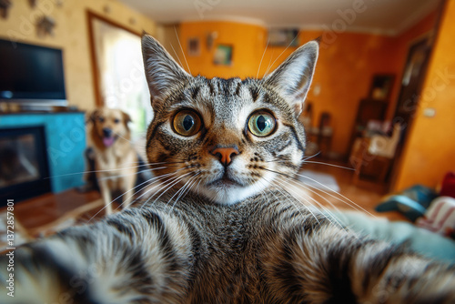 Obraz na płótnie Humorous cat taking selfie indoors with pet dog in cozy home setting for pet lovers w salonie