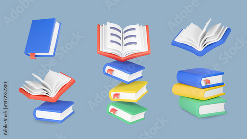 Colorful books with bookmark icons set. Learn and study. Opened, closed library book icons. Education, reading. Knowledge sign. A stack of textbooks 3d vector illustration
