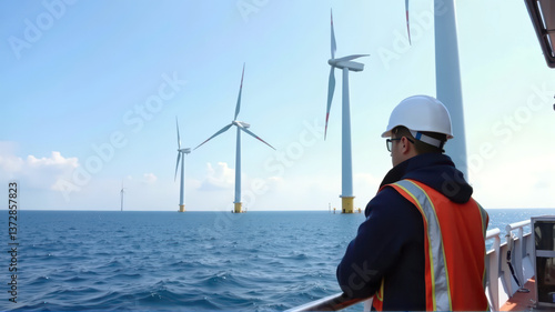 Obraz na płótnie Engineer observing offshore wind turbines on sunny day from boat in ocean with safety gear w salonie