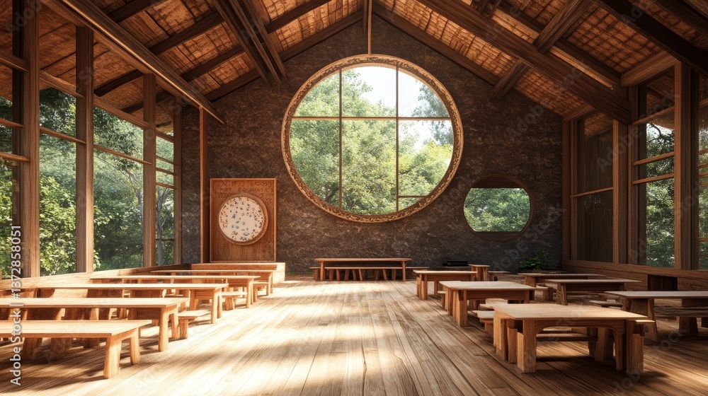 Obraz premium Interior view of a wooden hall with rows of benches