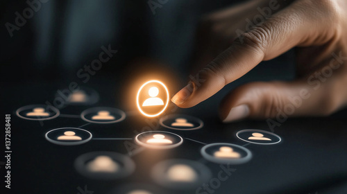 Obraz na płótnie A business hand touches a glowing target icon, surrounded by people icons representing audience segmentation. w salonie