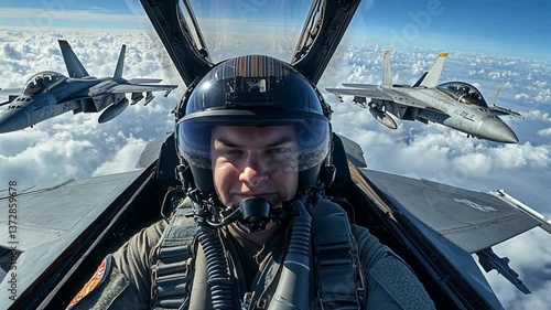 Pilot in cockpit, fighter jets, aerial view, sunny day, possible stock photo