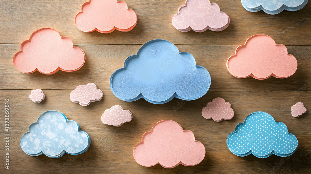 An arrangement of pink and blue cloud-shaped objects on a wooden surface The clouds create a whimsical playful and s An arrangement of pink and blue cloud-shaped objects on a wooden surface The clouds create a whimsical playful and s