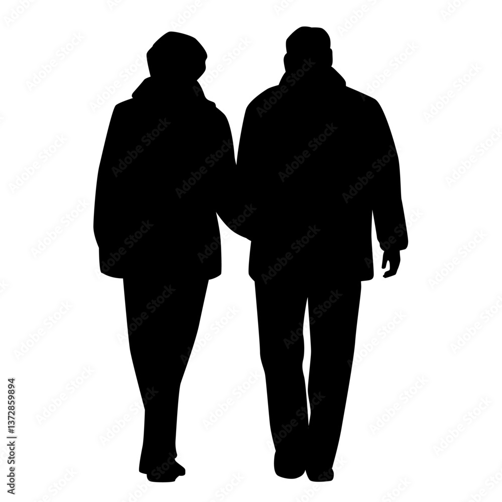 Silhouettes of man and woman, vector, group of walking business people, couple, back view, black isolated on white background