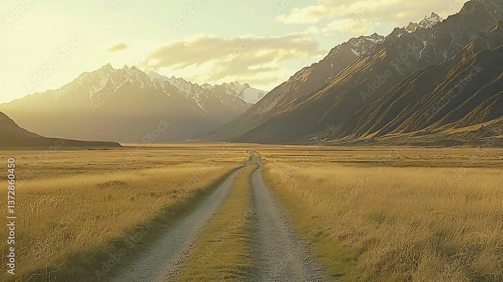 Obraz premium Golden hour, mountain valley road. Vast, open, golden grassland path through majestic snowy peaks. Serene, peaceful, and inspiring