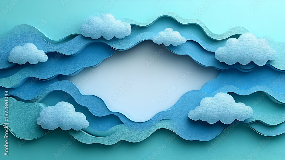 Frame of wavy layered aquamarine paper with fluffy white clouds and a light center Frame of wavy layered aquamarine paper with fluffy white clouds and a light center