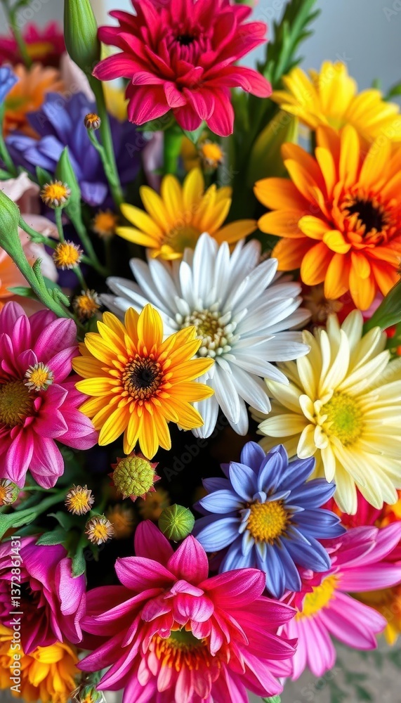 Close-up of colorful flowers arranged in a bouquet, ready for delivery, professional, lilies Close-up of colorful flowers arranged in a bouquet, ready for delivery, professional, lilies