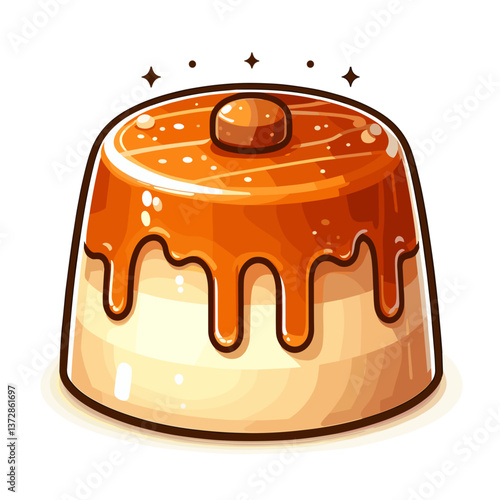 Vector illustration of caramel pudding with dripping sauce. Perfect for dessert recipe blogs, confectionery websites, and sweet treat promotions.