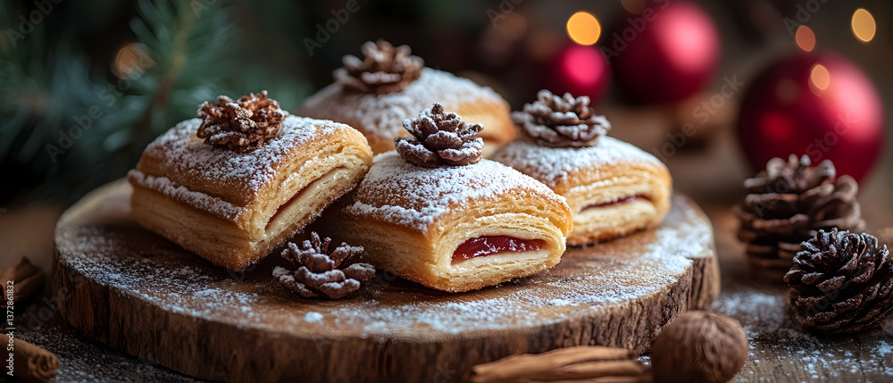 Fototapeta premium Golden Brown Pastries with Red Jam and Powdered Sugar Topped with Pinecones on a Rustic Wooden Board for a Festive Holiday Treat