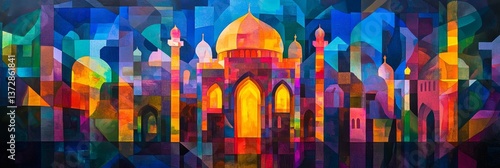 Colorful abstract painting of a building with domes and minarets.