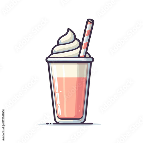 Vector illustration of layered milkshake or frappuccino with whipped cream and straw. Perfect for cafe menu, beverage promotion, or dessert drink visualization.
