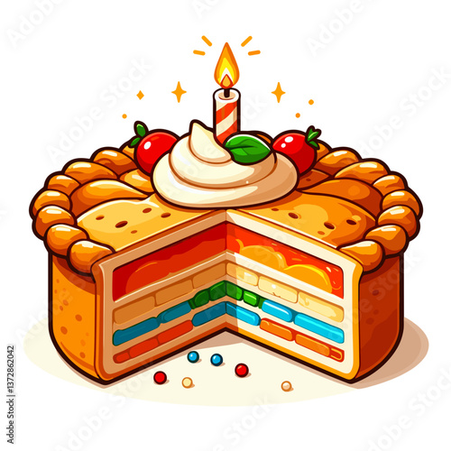 Vector illustration of colorful layer cake with candle, cream and strawberries. Perfect for birthday celebration promo, bakery catalog, or dessert blog visualization.