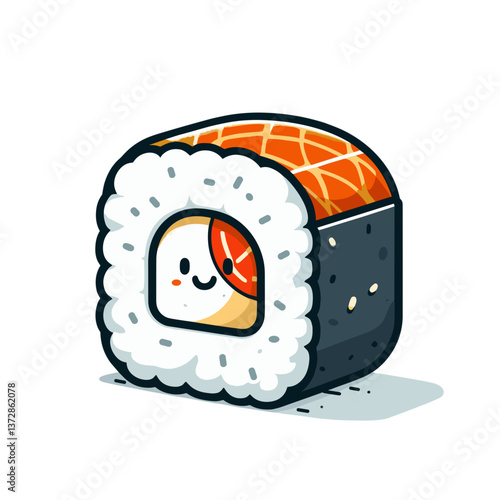 Vector illustration of cute sushi roll with salmon in kawaii style on white background. Perfect for Japanese restaurant menu, food delivery app, or cuisine blog visualization.