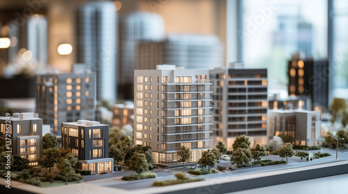 Small apartment models with real estate price tags, large urban towers visible behind them.