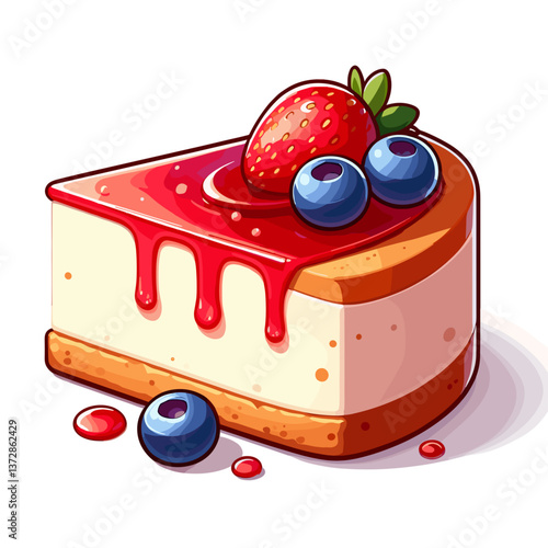 Vector illustration of cheesecake slice with berry topping in dessert style. Perfect for bakery blogs and café menu design.