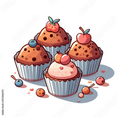 Vector illustration of assorted cupcakes with berries and chocolate in sweet style. Perfect for bakery blogs and dessert recipe websites.