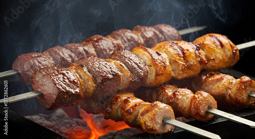 Closeup view of sizzling Brazilian churrasco skewers on hot charcoal grill