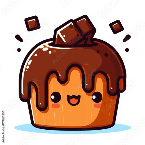 Cute chocolate muffin character with dripping icing and happy face in brown tones. Perfect for bakery branding, children's menus, or dessert blogs.