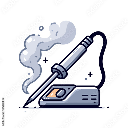 Vector art of soldering iron with smoke and circuit board. Ideal for electronics DIY tutorials, maker community websites, and technical repair guides.