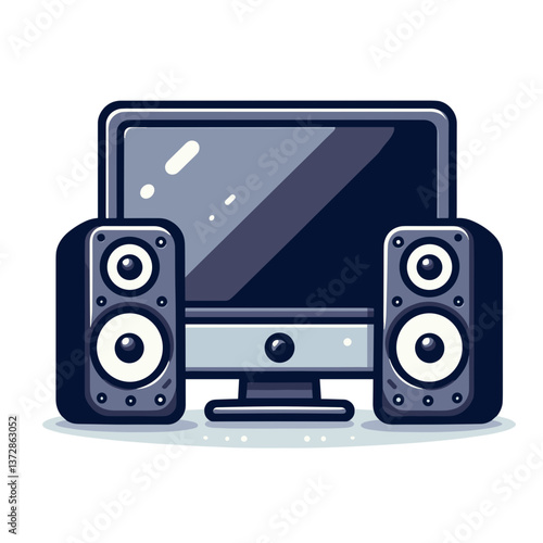 Vector illustration of home theater system with speakers and monitor. Perfect for electronics store websites, entertainment setup guides, and audio equipment blogs.