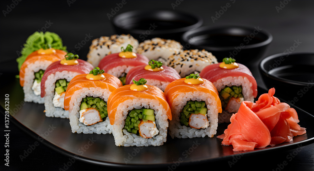 An exquisite assortment of sushi rolls, a vibrant symphony of flavors and textures An exquisite assortment of sushi rolls, a vibrant symphony of flavors and textures