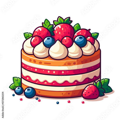 Vector illustration of fresh berry cake with cream, strawberries and blueberries. Perfect for bakery website, dessert recipe blog, or summer cafe menu design.