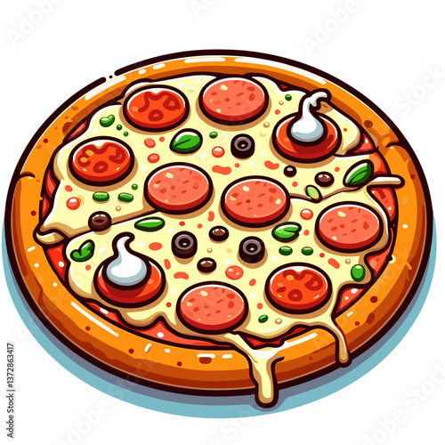 Vector illustration of cheese pizza with tomatoes, mushrooms and herbs on white background. Ideal for pizzeria menu, food delivery app, or Italian cuisine blog visualization.
