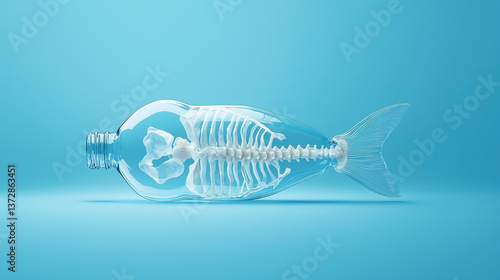 Plastic bottle fish skeleton, environmental pollution concept