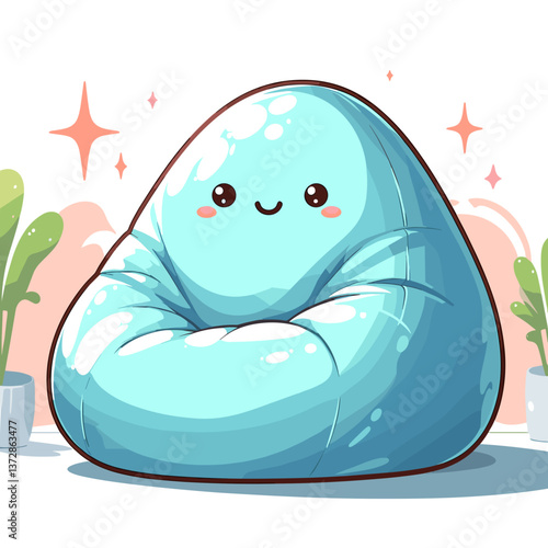 Vector illustration of cute turquoise bean bag chair with kawaii face on pastel background. Perfect for home decor blog, children's furniture catalog, or interior design visualization.