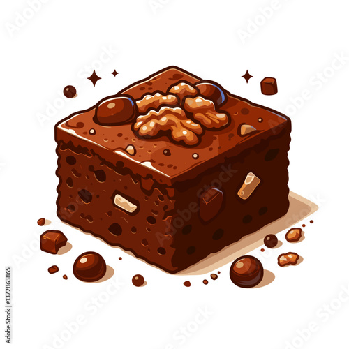 Vector illustration of chocolate brownie with walnuts in rich brown tones. Perfect for dessert blogs and bakery product packaging.
