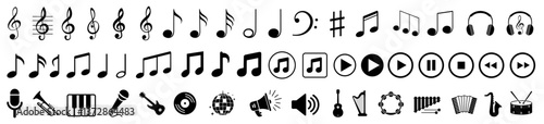 Music notes set icons, musical notes signs, clef, musical instruments and buttons