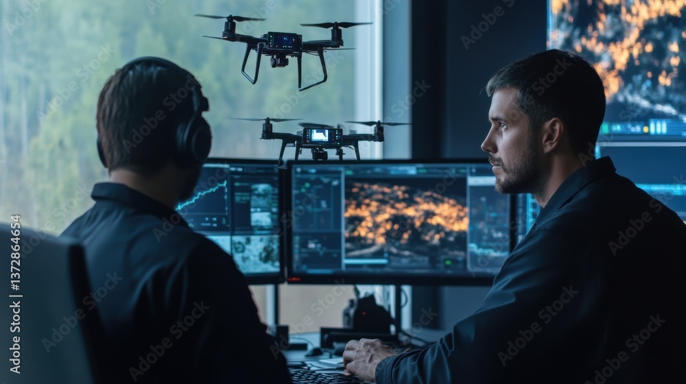An AI engineer developing autonomous drones for wildfire detection and control, high-tech fire control center with live environmental data, High-tech style An AI engineer developing autonomous drones for wildfire detection and control, high-tech fire control center with live environmental data, High-tech style