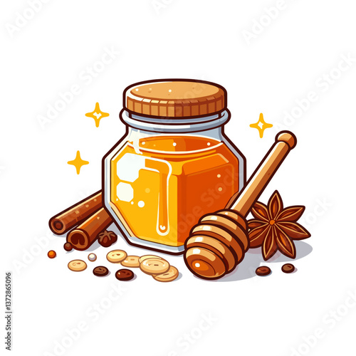 Vector illustration of honey jar with cinnamon, star anise and dipper in amber tones. Perfect for natural food websites, tea packaging, or recipe blogs.