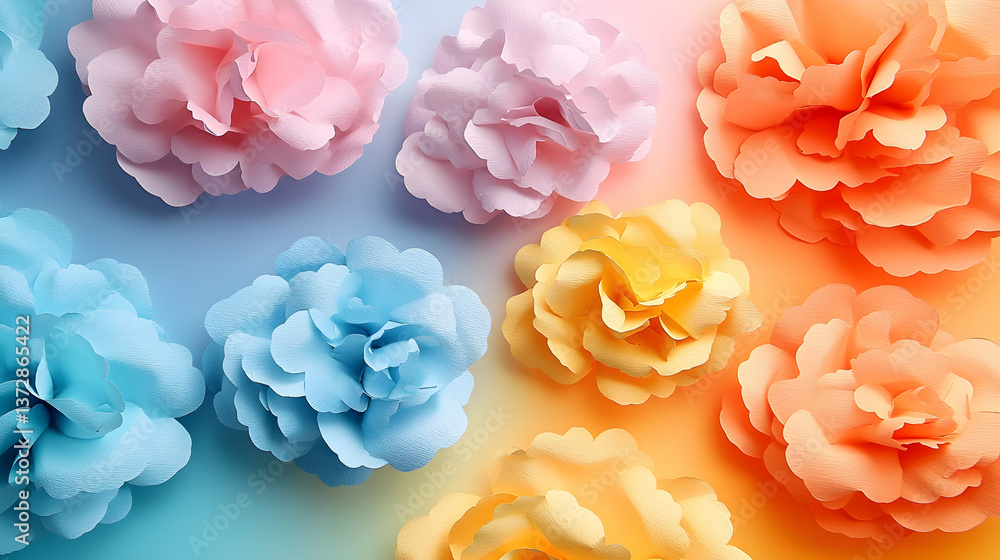 Obraz premium Multicolored paper flowers arranged beautifully in hues of blue pink yellow and orange creating a visually appealing