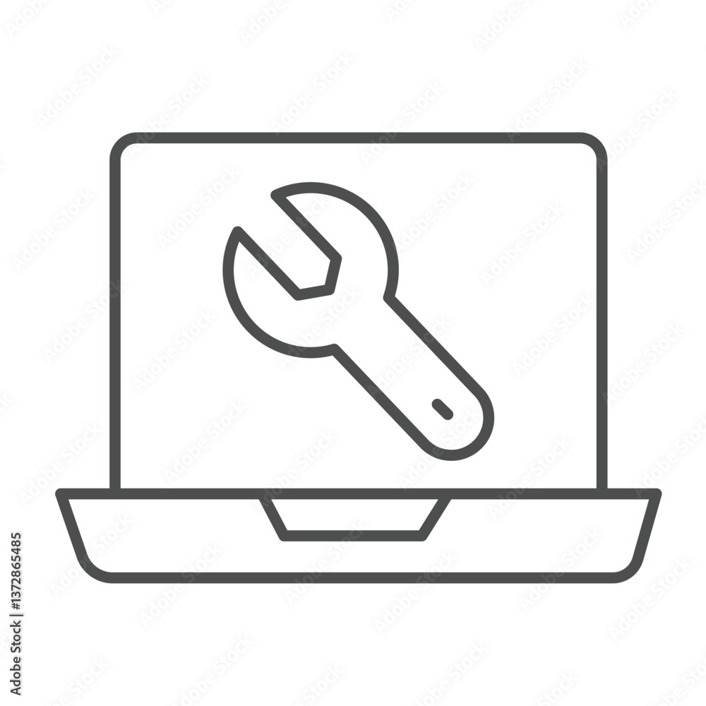 Laptop screen with wrench thin line icon, repair service concept. Vector graphics. Computer repair, system message sign on white background, outline style icon for mobile or web design.