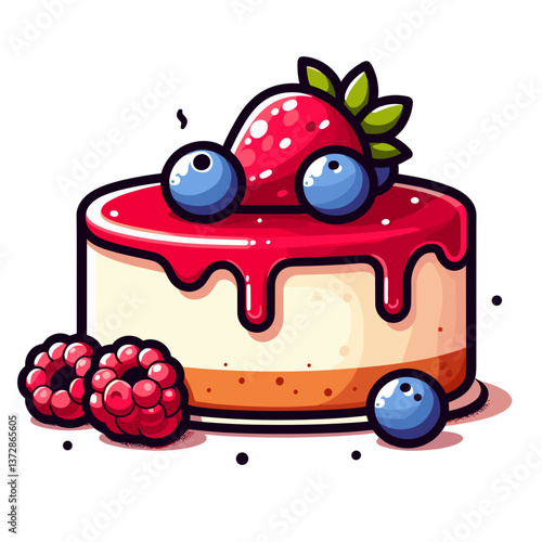 Vector illustration of berry cheesecake with fruit toppings and drizzle. Ideal for dessert menu designs, bakery websites, and gourmet food blogs.