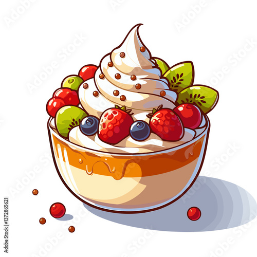 Vector art of yogurt parfait with fruit and cream topping. Ideal for healthy breakfast blogs, dessert alternatives, and nutritious snack promotions.