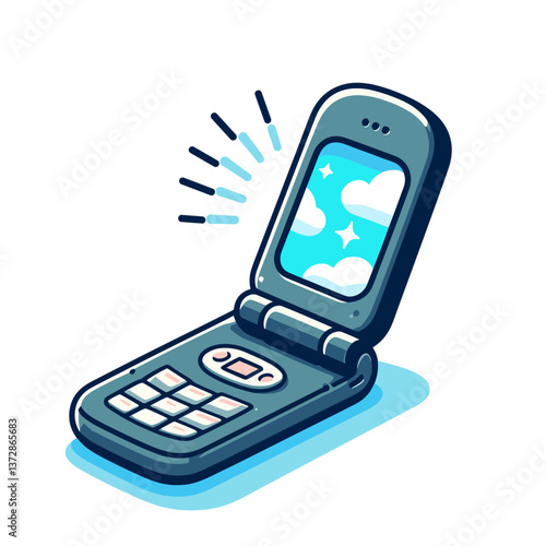 Vector art of retro flip phone in blue tones. Ideal for vintage technology blogs, mobile phone evolution guides, and nostalgic tech illustrations.