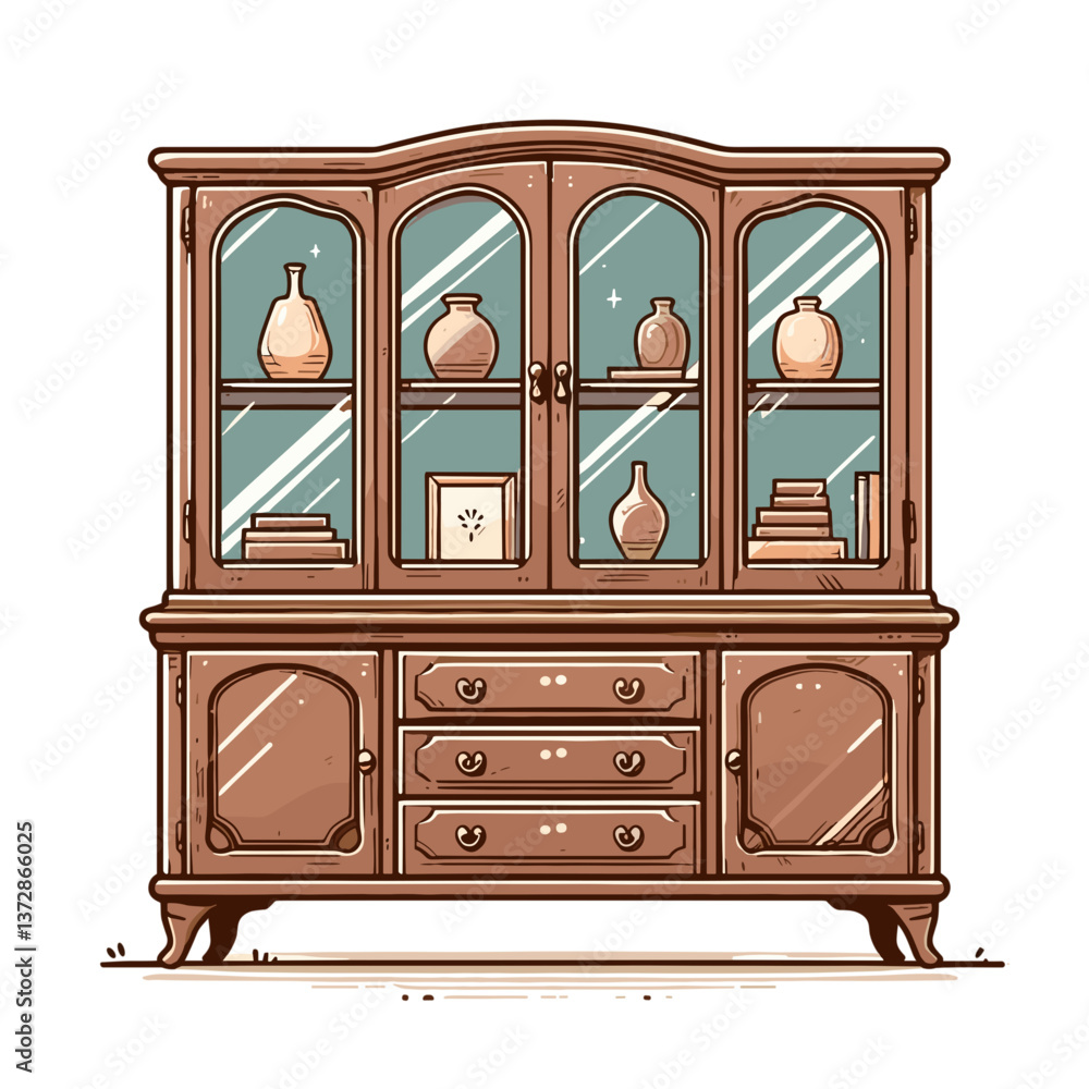 Vector illustration of antique wooden display cabinet with decorative items. Ideal for furniture stores, antique dealer websites, and interior design catalogs. Vector illustration of antique wooden display cabinet with decorative items. Ideal for furniture stores, antique dealer websites, and interior design catalogs.