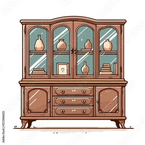 Vector illustration of antique wooden display cabinet with decorative items. Ideal for furniture stores, antique dealer websites, and interior design catalogs.