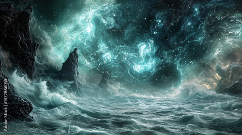Dramatic dark ocean scene featuring a massive wave towering above the surface under soft light, capturing the power of nature?s element.