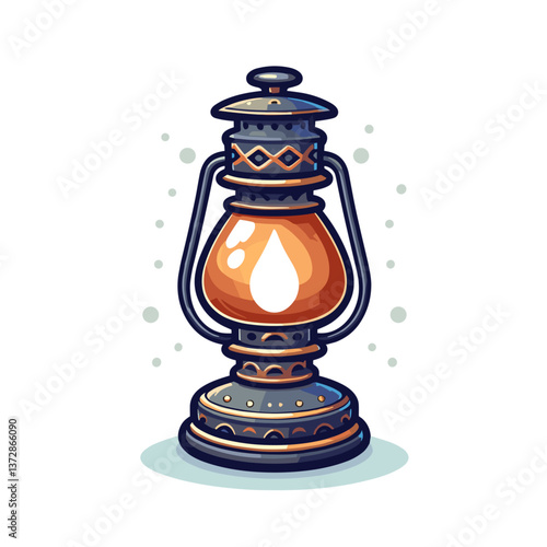 Vector illustration of vintage oil lamp with decorative blue details. Ideal for antique shop websites, camping equipment stores, and home decor catalogs.