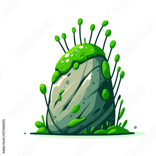 Vector illustration of moss-covered rock with green sprouts in nature style. Ideal for botanical blogs and natural environment content.