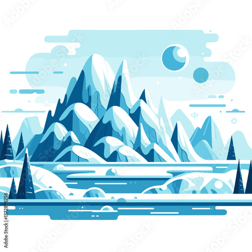 Vector illustration of snowy mountain range with pine trees in blue winter landscape. Ideal for travel blogs and winter sports websites.