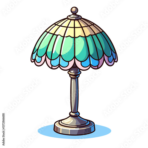 Vector illustration of Tiffany style table lamp with colorful stained glass shade in blue and green tones. Perfect for vintage decor websites, lighting stores, or art glass blogs.
