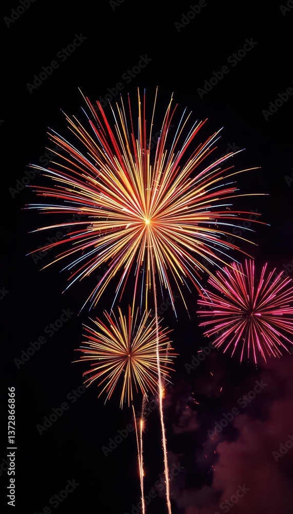 Vibrant bursts of red, gold, and blue fireworks against a night sky, japan, night Vibrant bursts of red, gold, and blue fireworks against a night sky, japan, night