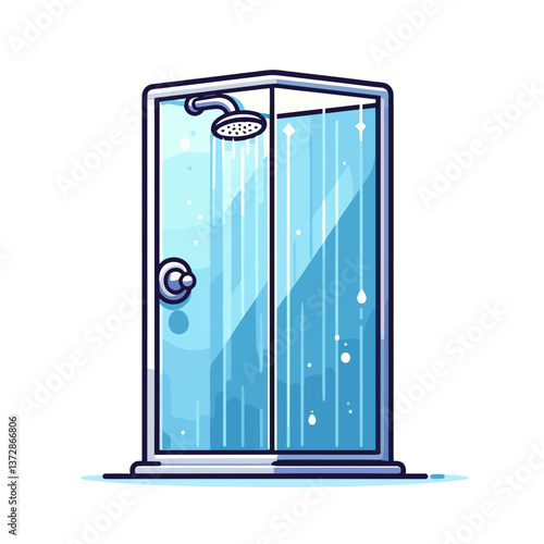Vector illustration of modern glass shower cabin with water droplets. Perfect for bathroom renovation websites, interior design blogs, and home improvement guides.