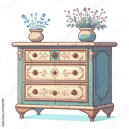 Vector illustration of vintage painted dresser with flower vases. Ideal for antique furniture restoration sites, home decor blogs, and interior styling guides.