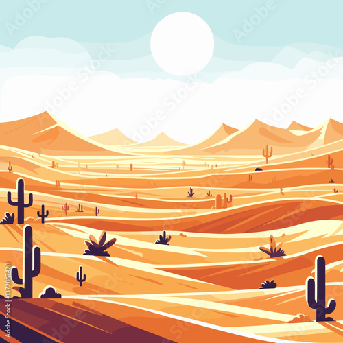 Vector illustration of desert landscape with sand dunes, cacti and sun. Perfect for travel websites, wilderness tourism, and environmental conservation campaigns.