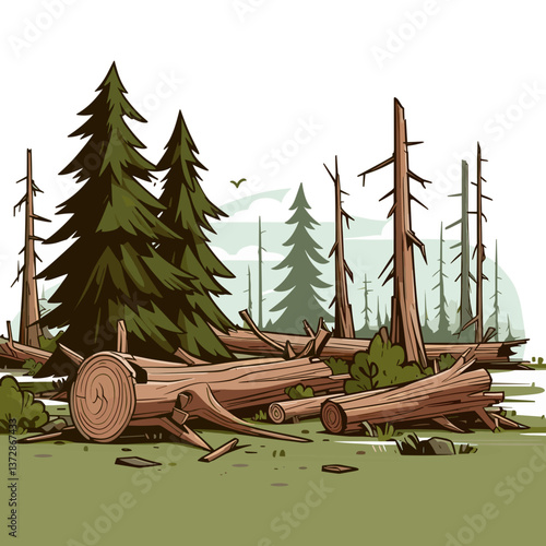 Vector illustration of forest clearing with fallen logs and pine trees in natural colors. Perfect for forestry industry visualization, environmental conservation blog, or nature documentary materials.